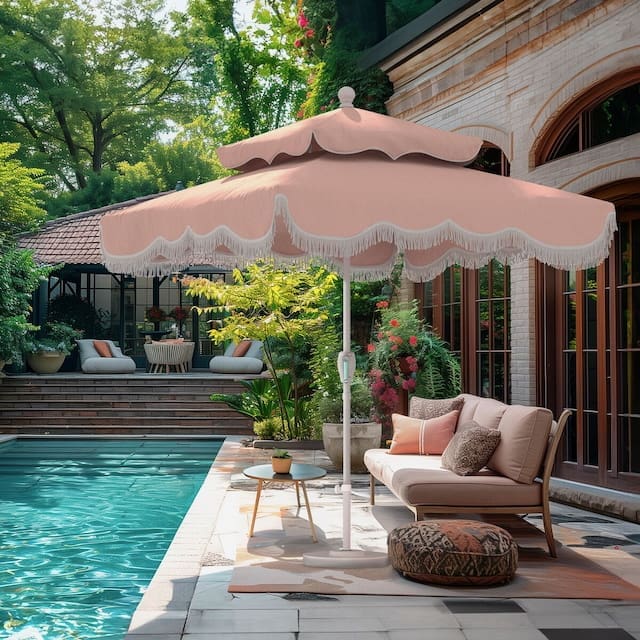 Ripple Fringe Two Tier Square Patio Umbrella blush