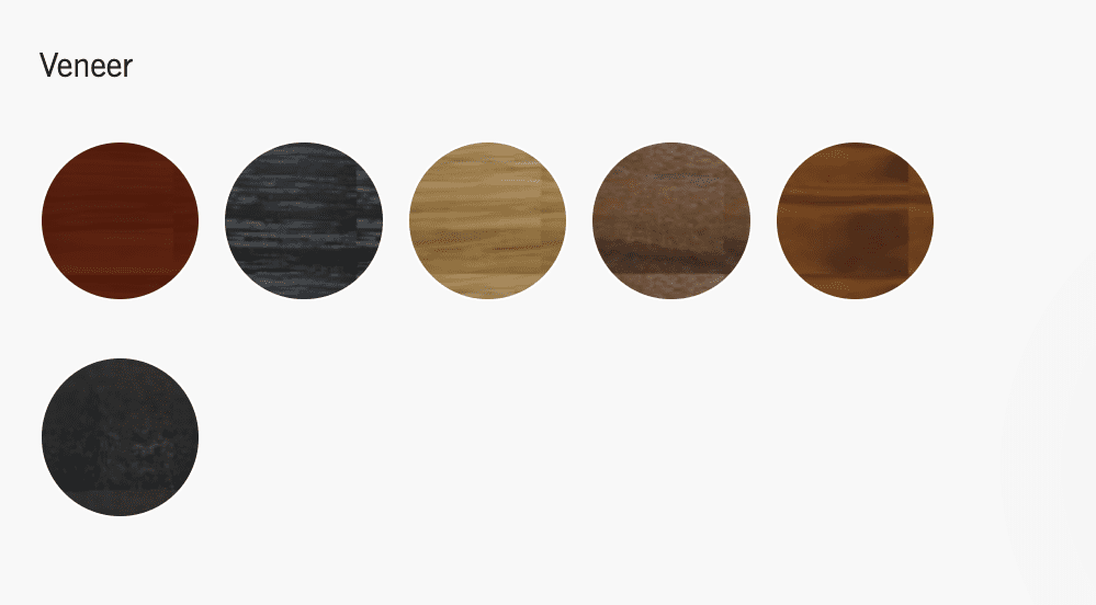 Color samples of different veneer finishes for furniture, displayed as circular swatches.