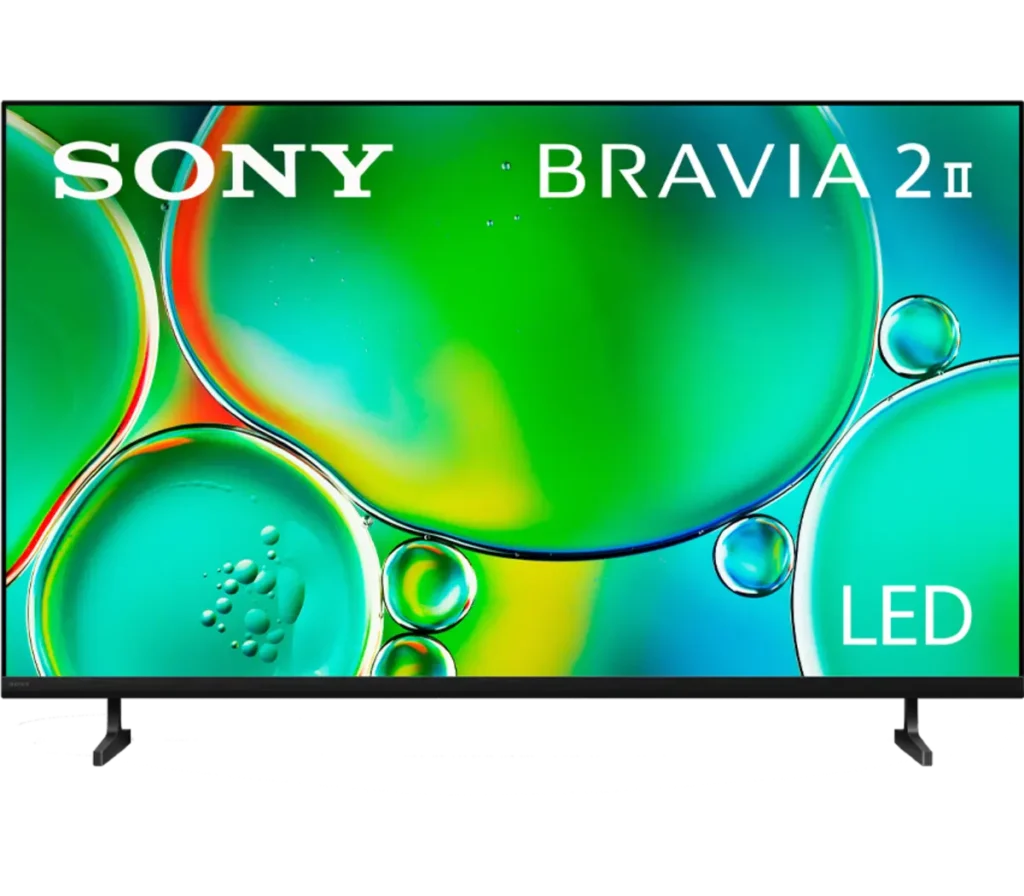 A Sony BRAVIA LED TV displaying vibrant images of colorful bubbles against a bright green background.