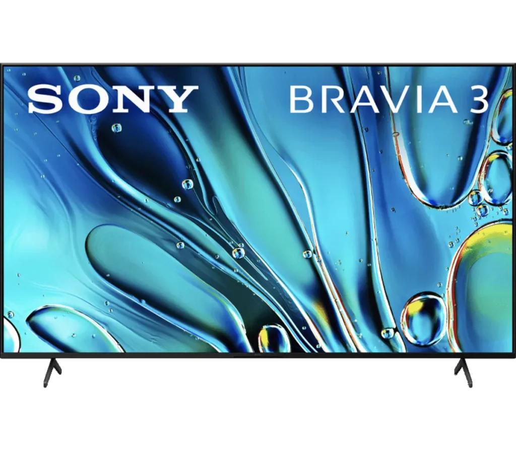 A close-up view of a Sony Bravia 3 television displaying an abstract design with blue and green swirling patterns and bubbles.