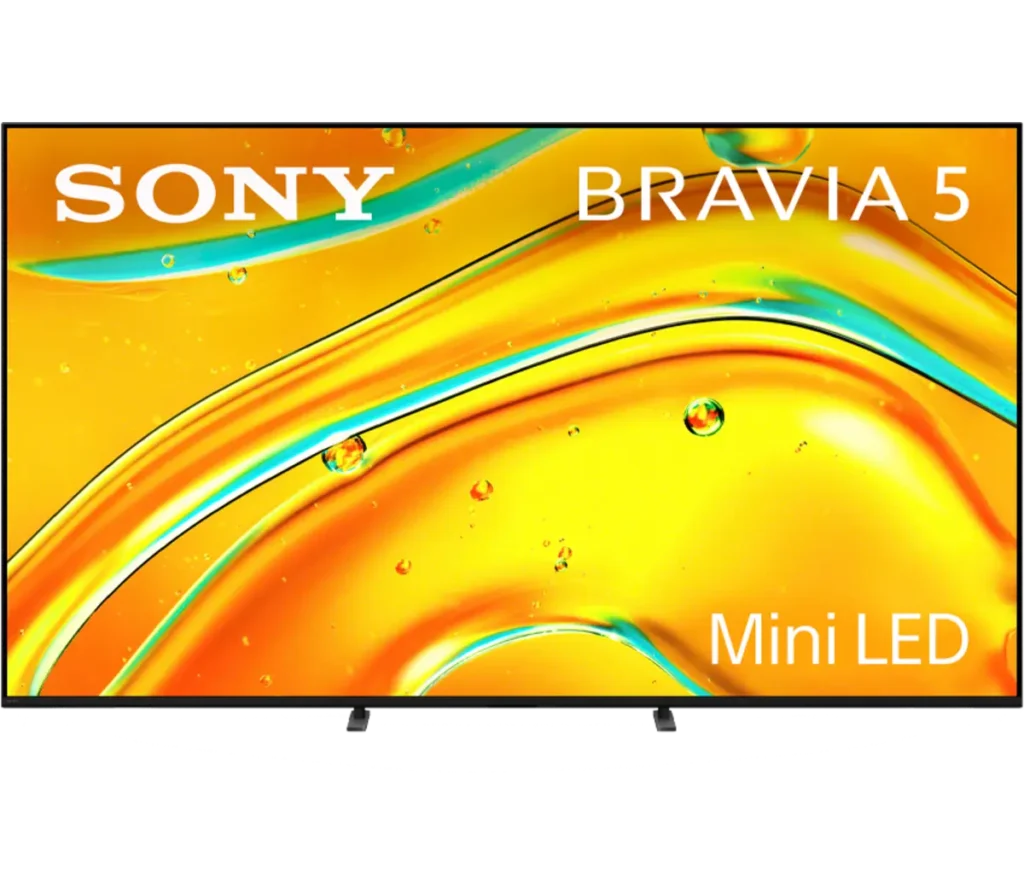A Sony Bravia 5 Mini LED TV displaying vibrant, colorful graphics against a yellow background.