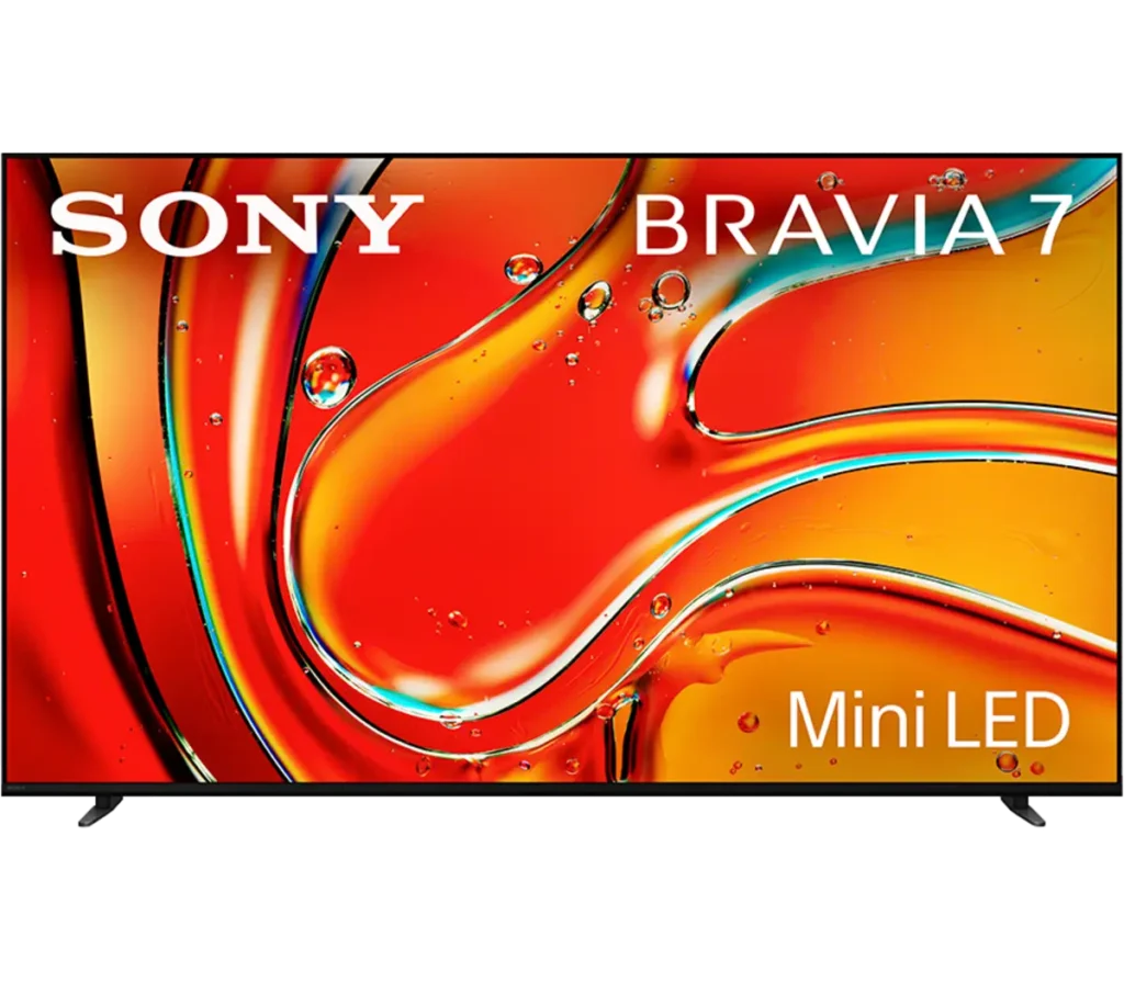 A Sony Bravia 7 Mini LED television displaying vibrant abstract artwork with bright orange, red, and blue colors.