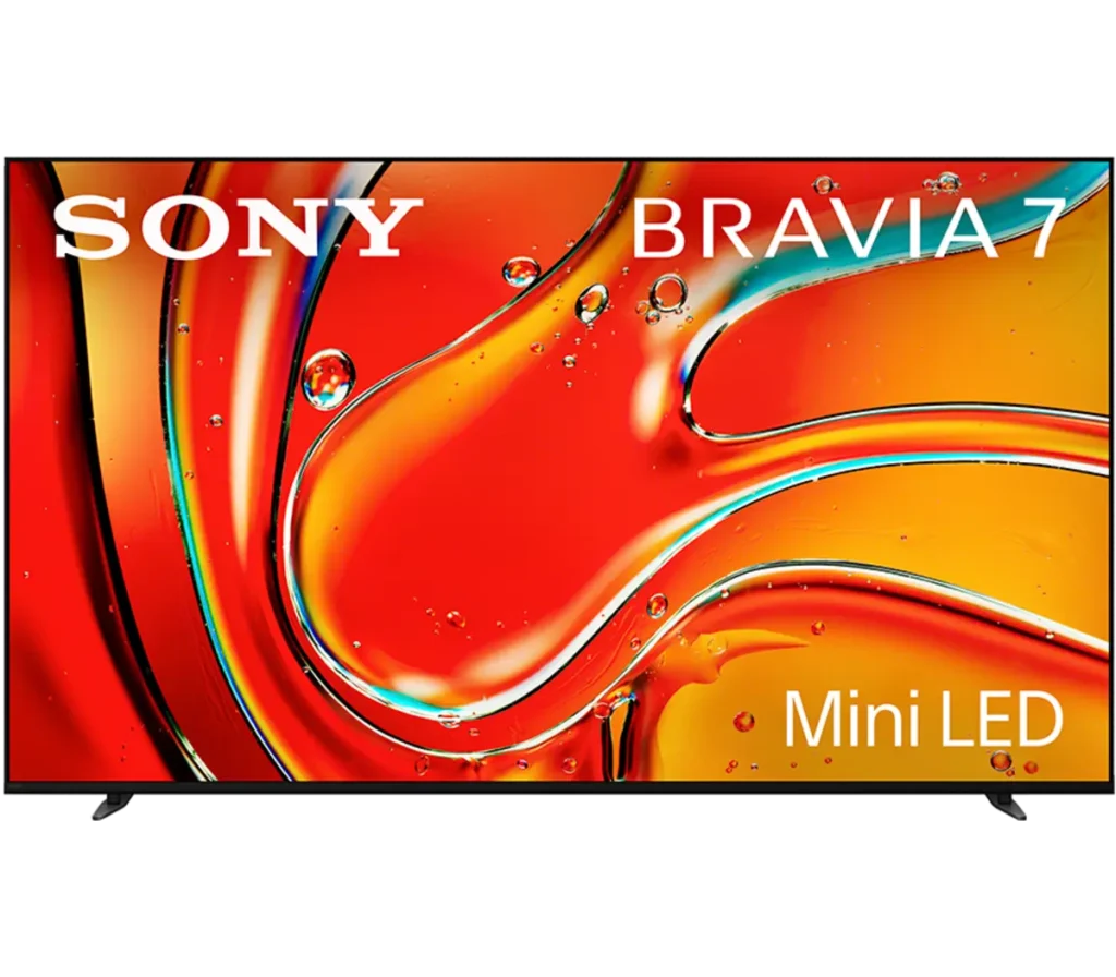 A Sony Bravia 7 Mini LED television featuring vibrant colors, primarily in red and orange, with a modern design and the brand name prominently displayed.