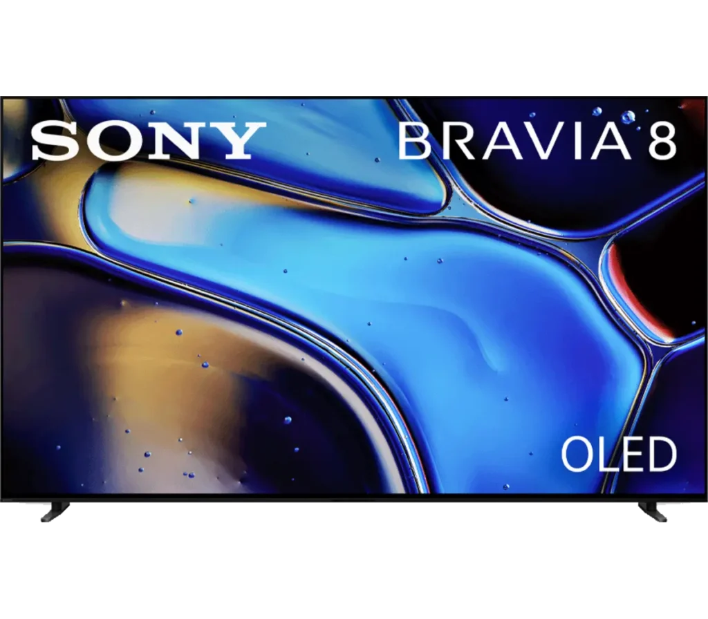 A close-up of a Sony Bravia 8 OLED TV displaying a vibrant abstract image with blue and gold tones.