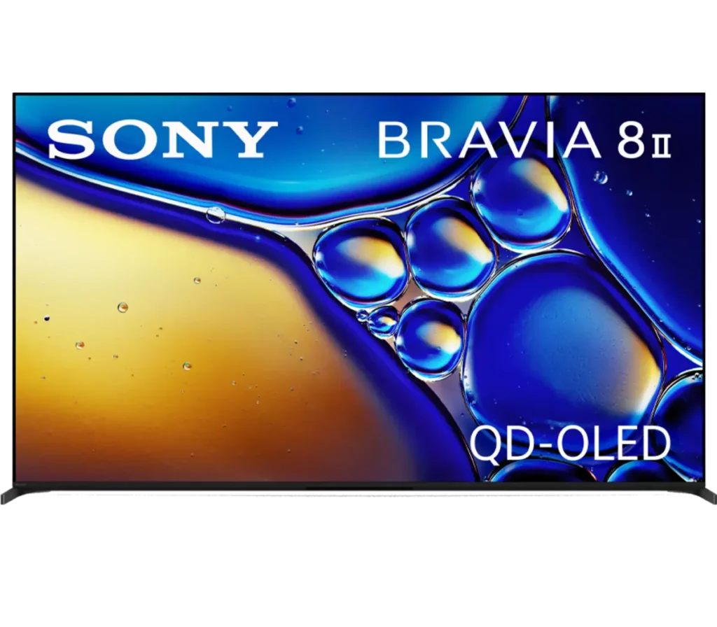 A Sony Bravia 8 II QD-OLED television displaying a vibrant abstract design with blue and orange bubbles, emphasizing its advanced picture quality.