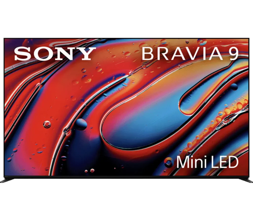 A Sony Bravia 9 Mini LED television displaying vibrant, colorful abstract art with a smooth, wavy design.