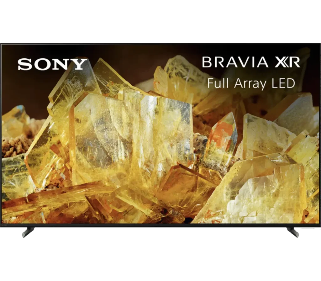 A Sony Bravia XR Full Array LED TV displaying a close-up of yellow quartz crystals, highlighting the vibrant colors and details of the screen.