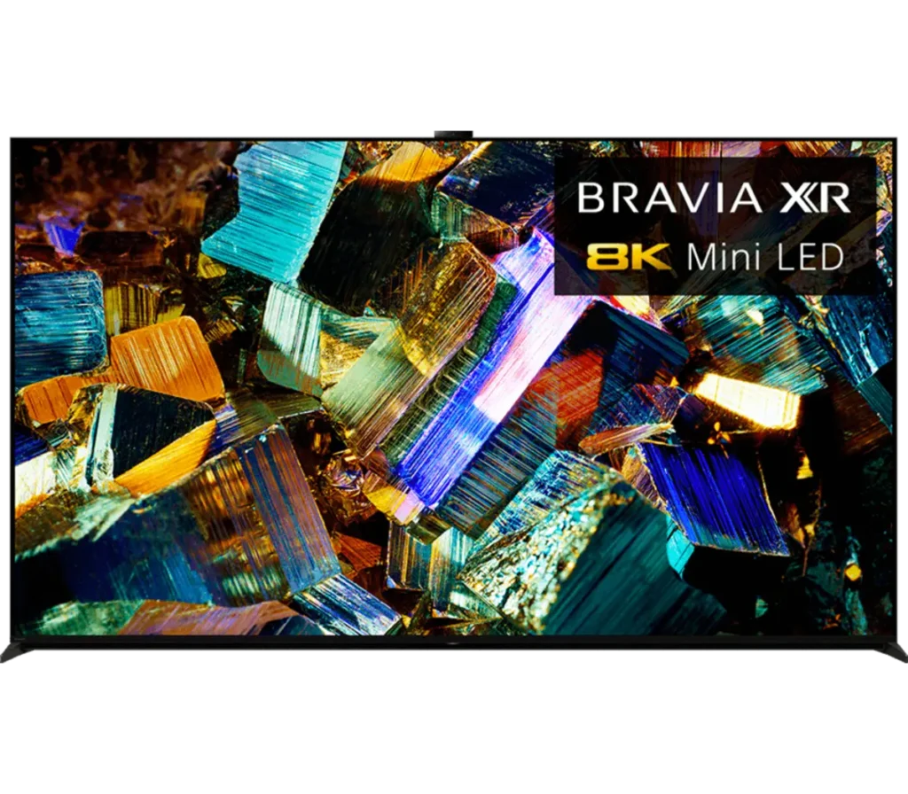 A close-up of the Sony Bravia XR 8K Mini LED TV showcasing an abstract colorful crystal design on the screen.
