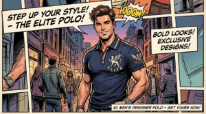 Man wearing Elite Polo shirt with comic style speech bubbles promoting bold looks and exclusive designs