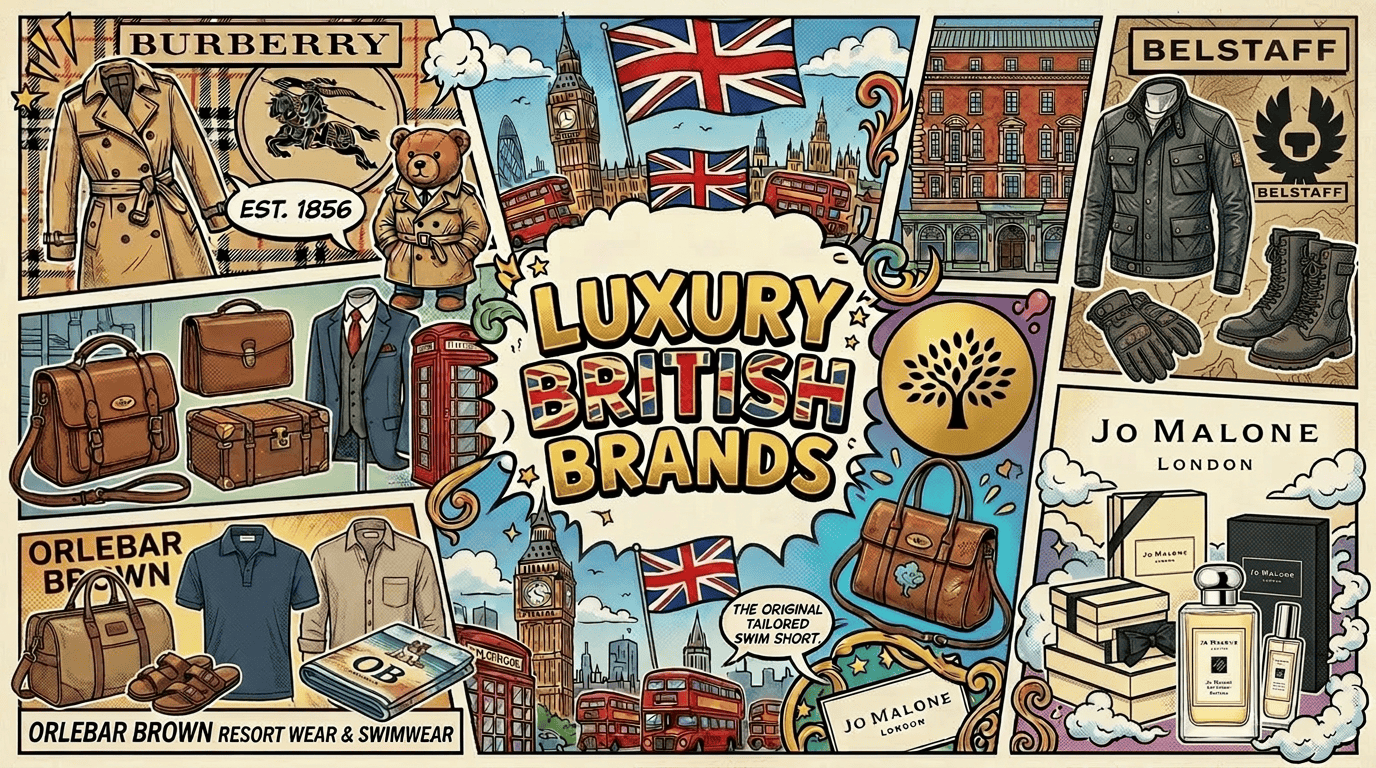 Iconic British luxury brands collage Collage of British luxury brands including Burberry trench coat, Rolls-Royce car, Harrods department store, Fortnum & Mason, Agent Provocateur lingerie, Penhaligon’s perfumes, and Jo Malone handbag with Big Ben and Union Jack flags.